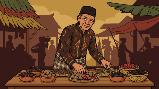 Illustration of a traditional Indonesian market vendor selling local snacks at a street food stall. EPS Editable