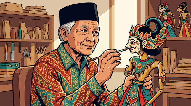 Illustration of an elderly Indonesian craftsman painting a traditional Javanese wayang puppet in his workshop. EPS Editable