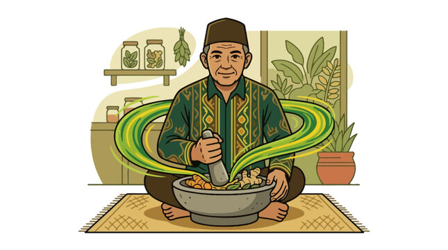 Illustration of a traditional Indonesian man grinding herbal medicine with a mortar and pestle. EPS Editable