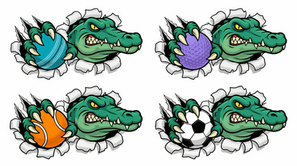 Fototapeta premium Green Alligator Mascot Ripping Through Paper, Holding Sports Balls: Cricket, Golf, Tennis, Soccer. Vector Illustration