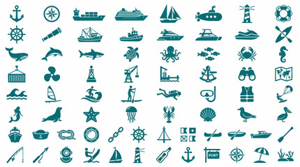 Flat Teal Vector Icons Collection: Nautical, Marine, and Ocean Themes, Seamless Pattern, Graphic Resources © Earengga