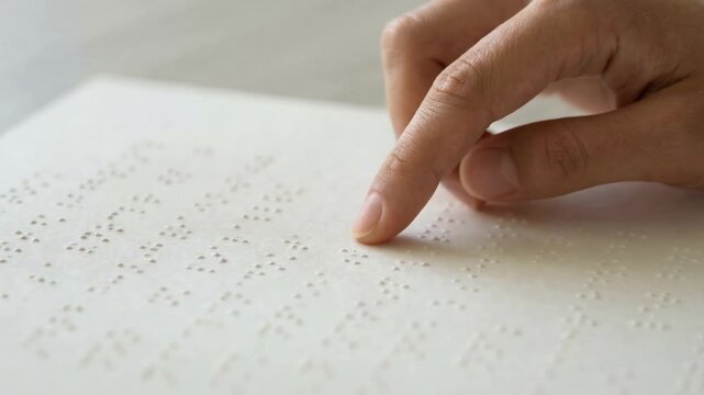 Close up of a visually impaired person's hand touching and reading a book written in braille, a tactile writing system used by people who are blind or have low vision