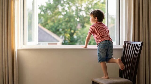 Unsupervised young child standing barefoot on a dining room chair while dangerously leaning out an open window, representing curiosity, childhood hazards, and the need for home safety