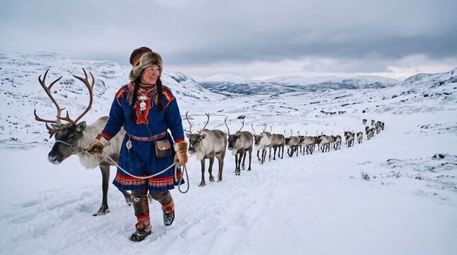 Sami Reindeer Herder Walking Through Arctic Winter Wilderness in Traditional Clothing
