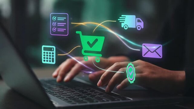 Woman typing on laptop keyboard with holographic e commerce icons illustrating online shopping flow from order and payment to shipping and delivery confirmation for a seamless user experience