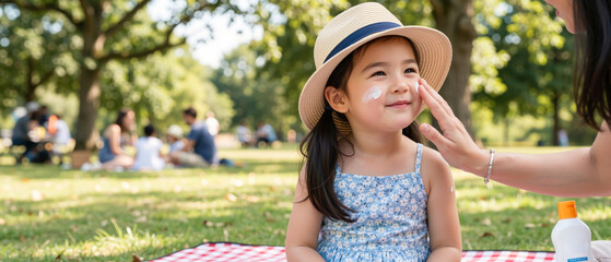Obraz premium Mother applying sunscreen to a happy Asian little girl's face at a park picnic. Child sitting on a red checkered blanket wearing a straw hat. Summer sun protection and family skin care
