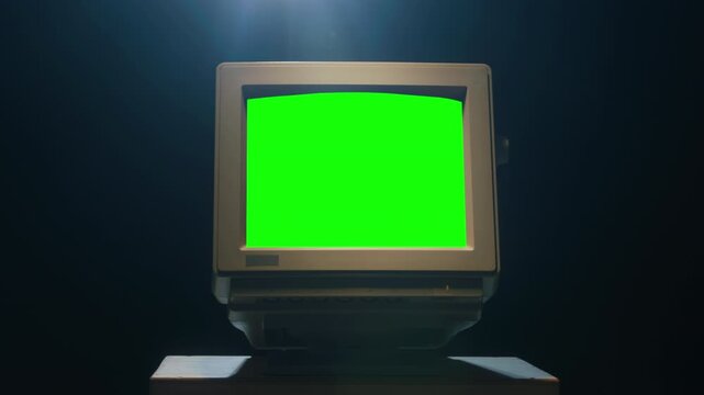 Retro pc computer gaming, Desktop vintage with loading code console, programmer making scripts, green basic screen, Old computer studio close-up, retro wave display, late 90s PC.