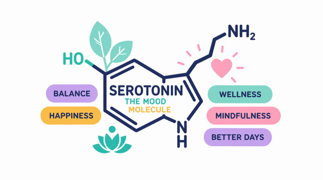 Serotonin Molecule Illustration Highlighting Neurotransmitter Structure.