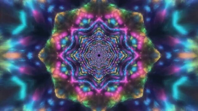 Colorful hexagon shapes pulse and expand in a kaleidoscope pattern with a rhythmic tempo of music