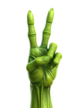 A vibrant green, textured, monster-like hand with prominent knuckles and long fingers, vividly forming the peace sign, symbolizing harmony and unity in a unique style&nbsp;