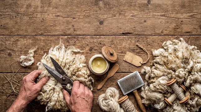 wool processing craft, a rustic flat lay featuring natural wool, shears, sheep, and wood elements