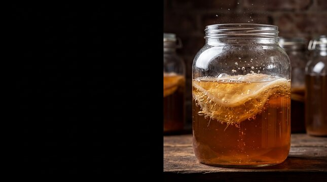 fermentation process, a close-up view of bubbling kombucha pellicle forming in dark tea