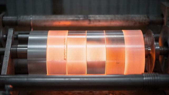 Medium shot capturing thin foil coils heated under a protective atmosphere ensuring highquality annealing while preventing oxidation during the softening process.