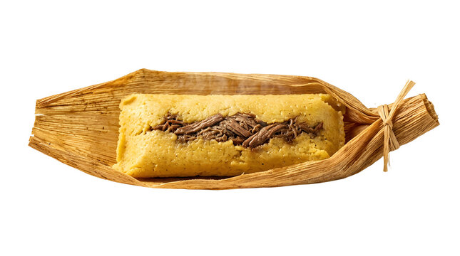 Authentic Mexican tamale in corn husk isolated on a transparent background for the menu