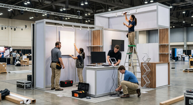 Event management team working together to set up exhibition booth.