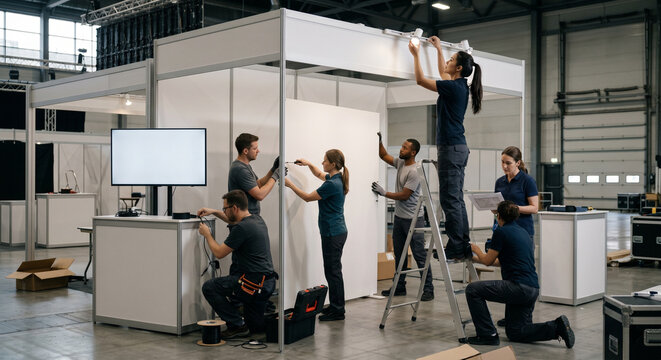 Event management team working together to set up exhibition booth.