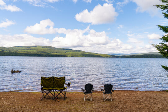 camping chairs empty Lake Oregon fishing pole Mt Hood National Forest