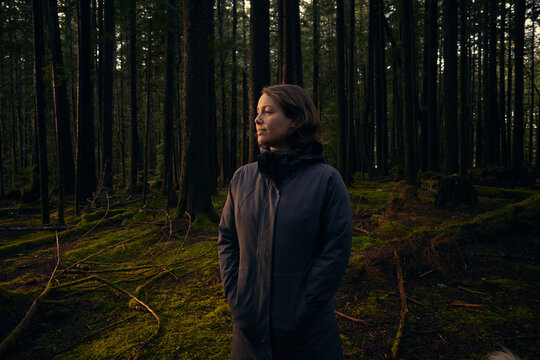Woman stands in a forest during late afternoon light in October