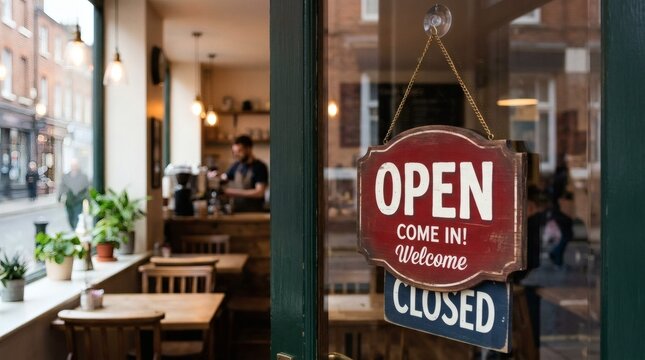 Open and closed signs on a cafe door with tables and chairs inside