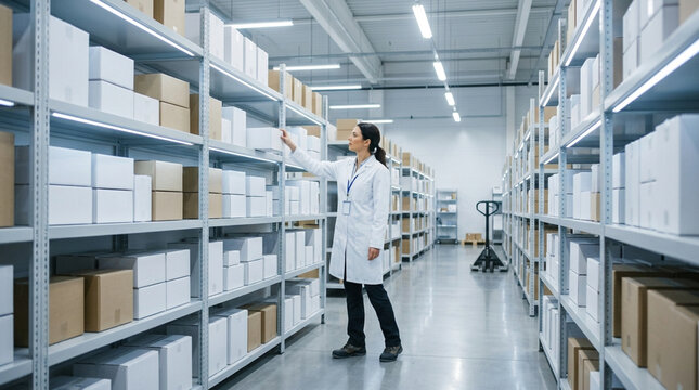 Female worker wearing a white lab coat inspecting or organizing inventory on tall metal shelves filled with cardboard and white boxes in a bright modern warehouse facility.