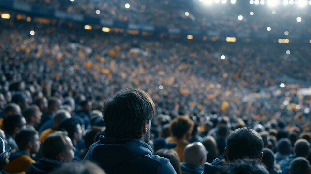 A panoramic view of a packed stadium crowd thousands of passionate soccer fans closely packed their energy and team spirit palpable from behind.