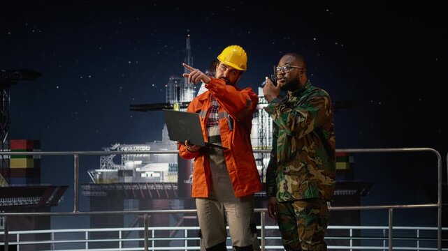 Enforcing blockade protocols, walkie talkie and military man on drilling rig while talking, handheld radio and soldier on offshore platform receives updates on war causing oil crisis.