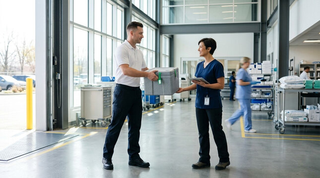 Male delivery worker handing an insulated gray medical specimen box to a female healthcare professional in navy scrubs holding a tablet in a bright hospital loading area.