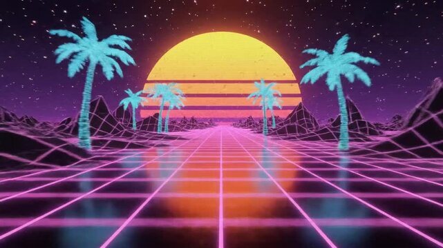 Explore retro abstract landscape with neon colors and grid patterns under a setting sun with palm trees in the distance