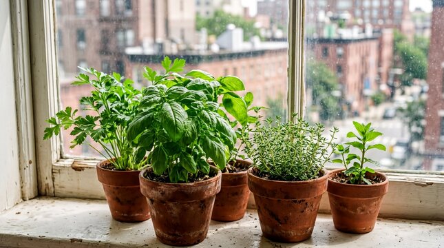 urban herb gardening, fresh green herbs in terracotta pots basking in bright natural light