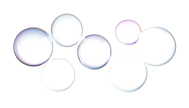 Collection of glossy iridescent soap bubbles with colorful reflections floating&nbsp;