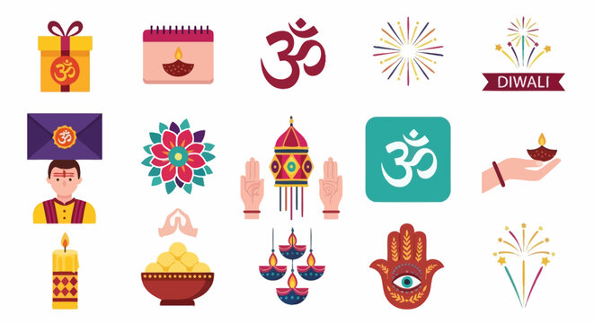 Diwali, Hindu festival icons, Om symbol, Indian celebration elements, vector illustrations