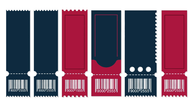 Red, blue ticket stubs, barcode labels, vector set