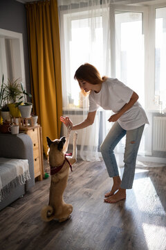 Woman training dog at home