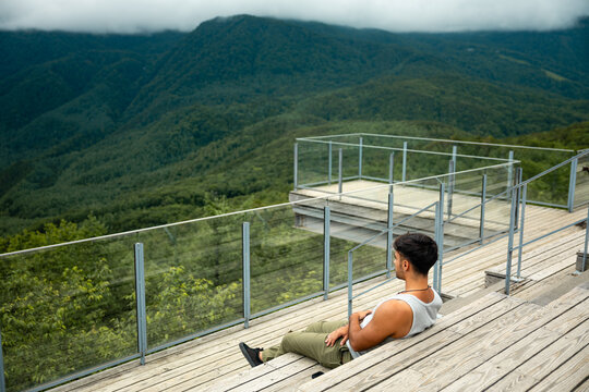 Man at viewpoint in Japanese Alps