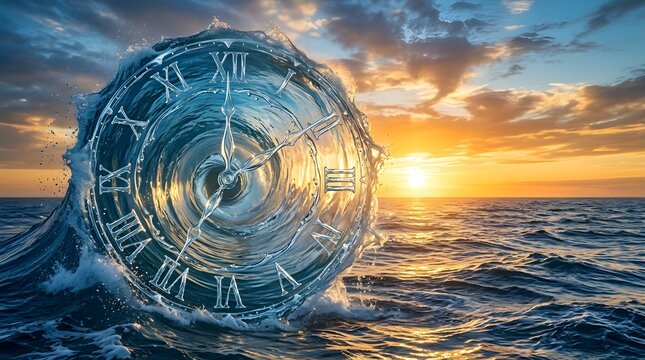 Conceptual Surreal Clock Made of Ocean Water Wave at Sunset