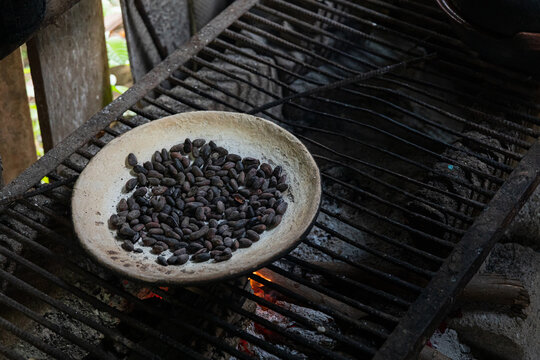 Traditional cacao beans toasting on a comal