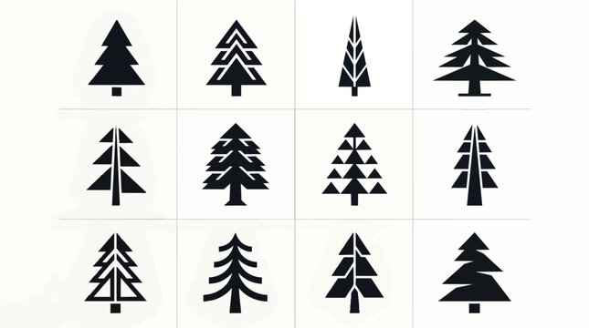 Collection of various black pine tree silhouettes.