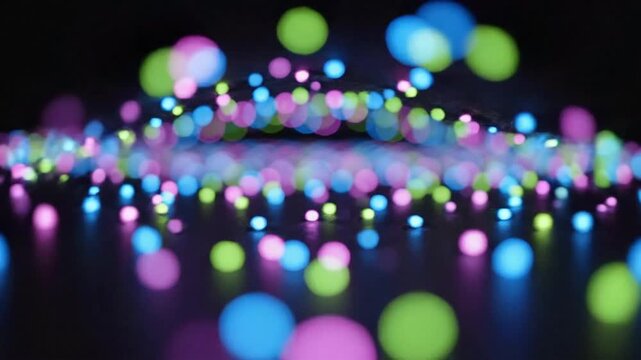 Colorful blurred bokeh dots create neon patterns in a dark space at night