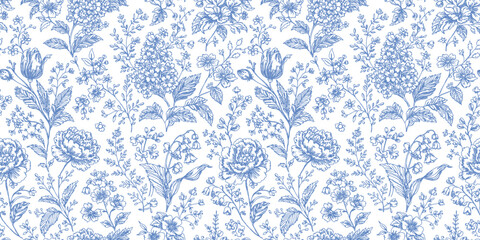 Obraz premium Toile de jouy vector seamless vintage pattern. Blue flowers on white background