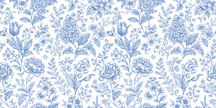 Toile de jouy vector seamless vintage pattern. Blue flowers on white background