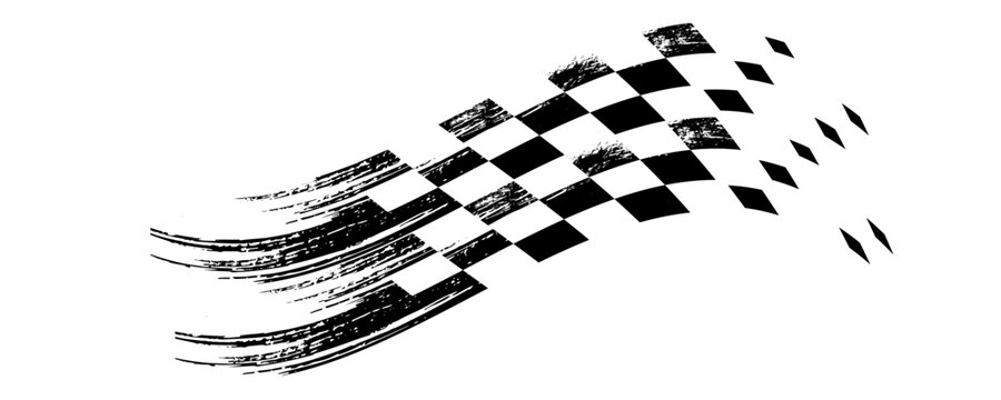 Flowing racing flag graphic, curved checkered motorsport emblem for car branding, race decals and gaming overlays. PNG with transparent background