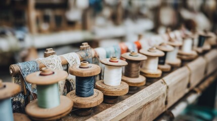 Fototapeta premium Traditional Textile Craft: Bobbin Lace Making with Colorful Threads and Spools for Weaving Artistry
