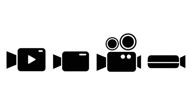 Video camera, movie camera, play button, video icons, film camera, video symbols, black vector graphics
