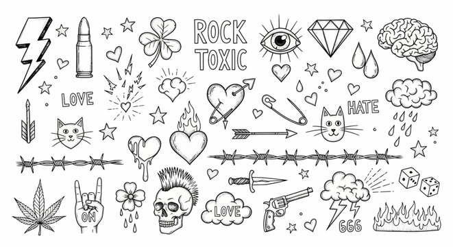 Tattoo, rock and roll, tattoo designs, vector icons, 40 tattoo symbols