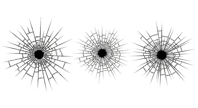 Black bullet holes, shattered glass effects, vector graphics, explosion impacts, broken glass textures