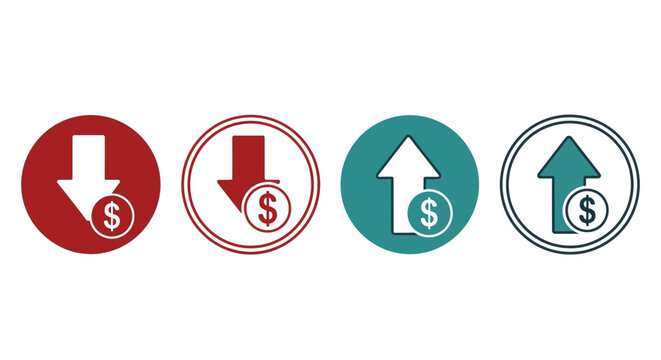 Financial Arrows Icons, Money Symbols, Up Down Directional Signs, Circular Buttons