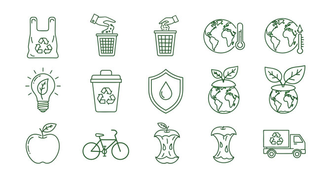 A Set of Minimalist Green Line Art Icons Representing Sustainable Living Eco-Friendly Practices Recycling Waste Reduction and Environmental Conservation Concepts