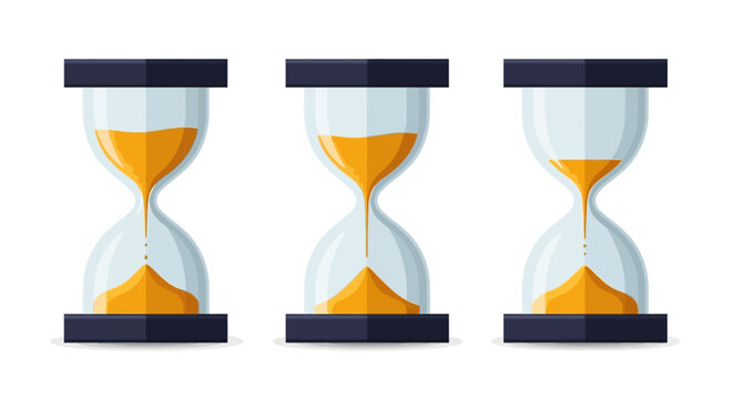Set of three flat design hourglass illustrations showing different stages of time passing, deadline countdowns, and time management concepts