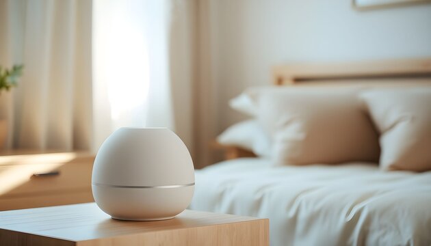 Aromatherapy diffuser on a bedside table in a warm, softly lit bedroom with cozy bedding