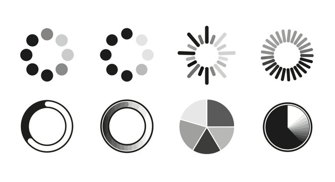 Minimalist black and white loading indicators, buffering spin wheels, and progress bars icons for software interface and web application design